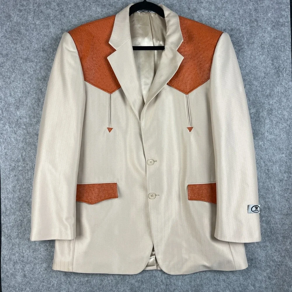 VTG Bronco West Western Blazer Sport Coat Mens 44 Cream Yoke Rockabilly Cowboy